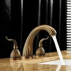 Widespread Bathroom Sink Mixer Faucet, Vintage Brass 3 Hole 2 Handles Basin Taps, Retro Style Bathroom Tap Contain with Cold and Hot Water Hose