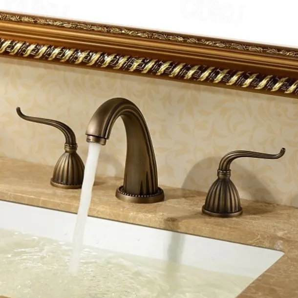 Widespread Bathroom Sink Mixer Faucet, Vintage Brass 3 Hole 2 Handles Basin Taps, Retro Style Bathroom Tap Contain with Cold and Hot Water Hose
