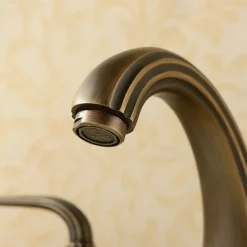 Widespread Bathroom Sink Mixer Faucet, Vintage Brass 3 Hole 2 Handles Basin Taps, Retro Style Bathroom Tap Contain with Cold and Hot Water Hose