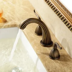 Widespread Bathroom Sink Mixer Faucet, Vintage Brass 3 Hole 2 Handles Basin Taps, Retro Style Bathroom Tap Contain with Cold and Hot Water Hose