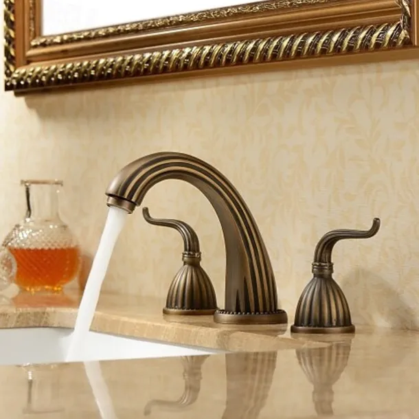 Widespread Bathroom Sink Mixer Faucet, Vintage Brass 3 Hole 2 Handles Basin Taps, Retro Style Bathroom Tap Contain with Cold and Hot Water Hose