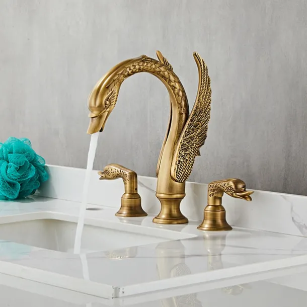 Widespread Bathroom Sink Mixer Faucet, 2 Handle 3 Holes Basin Taps Swan Noble Luxury Golden and Oil-rubbed Bronze Bath Taps