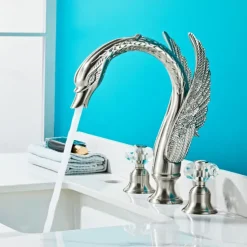 Widespread Bathroom Sink Mixer Faucet, 2 Handle 3 Holes Basin Taps Swan Noble Luxury Golden and Oil-rubbed Bronze Bath Taps