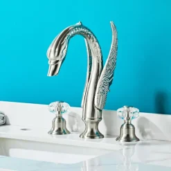 Widespread Bathroom Sink Mixer Faucet, 2 Handle 3 Holes Basin Taps Swan Noble Luxury Golden and Oil-rubbed Bronze Bath Taps