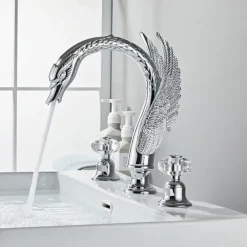 Widespread Bathroom Sink Mixer Faucet, 2 Handle 3 Holes Basin Taps Swan Noble Luxury Golden and Oil-rubbed Bronze Bath Taps