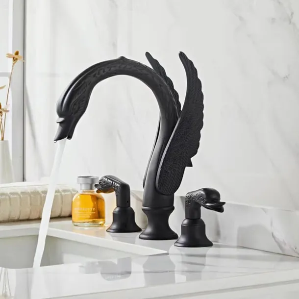 Widespread Bathroom Sink Mixer Faucet, 2 Handle 3 Holes Basin Taps Swan Noble Luxury Golden and Oil-rubbed Bronze Bath Taps