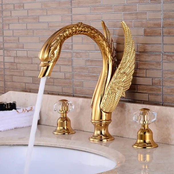 Widespread Bathroom Sink Mixer Faucet, 2 Handle 3 Holes Basin Taps Swan Noble Luxury Golden and Oil-rubbed Bronze Bath Taps