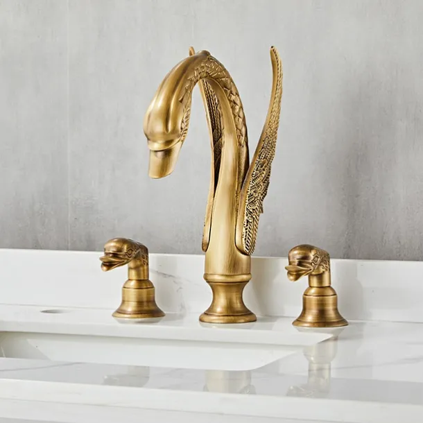 Widespread Bathroom Sink Mixer Faucet, 2 Handle 3 Holes Basin Taps Swan Noble Luxury Golden and Oil-rubbed Bronze Bath Taps
