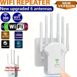 WiFi Extender WiFi Booster 6Times Stronger 300Mbps WiFi 2.485GHz Dual Band Strong WiFi SignalPenetration 35 Devices 4 Modes 1-Tap Settings 6 Antennas 360 FullCoverage Support Ethernet Port