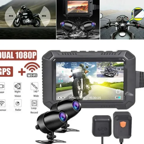 WiFi GPS Motorcycle DVR Dash Cam Full 1080P HD Front and Rear Dual Recording Motorcycle Driving Recorder Aterproof Motorbike Bike Motorcycle Camera