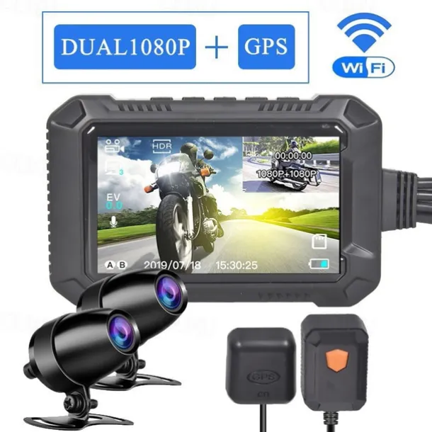WiFi GPS Motorcycle DVR Dash Cam Full 1080P HD Front and Rear Dual Recording Motorcycle Driving Recorder Aterproof Motorbike Bike Motorcycle Camera