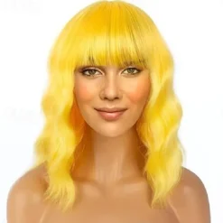 Wig Short Bob Wigs with Bangs for Women Loose Wavy Hair Shoulder Length Wig Synthetic Colorful Wigs Halloween Cosplay Party Wigs