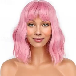 Wig Short Bob Wigs with Bangs for Women Loose Wavy Hair Shoulder Length Wig Synthetic Colorful Wigs Halloween Cosplay Party Wigs