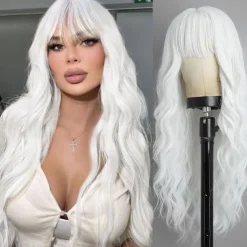 Wig With Bangs Long Wavy Wig For Women Wigs Synthetic Curly wig Natural Looking Heat Resistant Hair For Daily Party Cosplay Use 26 Inches Halloween Wigs