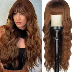 Wig With Bangs Long Wavy Wig For Women Wigs Synthetic Curly wig Natural Looking Heat Resistant Hair For Daily Party Cosplay Use 26 Inches Halloween Wigs