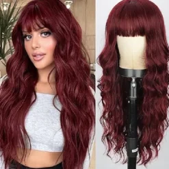 Wig With Bangs Long Wavy Wig For Women Wigs Synthetic Curly wig Natural Looking Heat Resistant Hair For Daily Party Cosplay Use 26 Inches Halloween Wigs