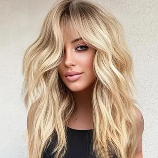 Wig with Bangs Wavy Wigs for Women Shoulder Length Curly Synthetic Hair Wig for Party Daily Use