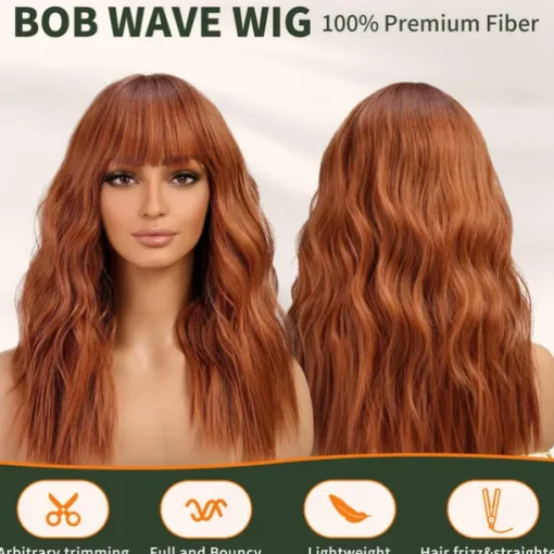 Wig with Bangs Wavy Wigs for Women Shoulder Length Curly Synthetic Hair Wig for Party Daily Use