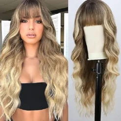 Wigs with Bangs Long Wavy Wig for Women Wigs with Bangs Synthetic Heat Resistant Fiber Wigs Halloween Cosplay Party Wigs