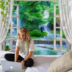 Window Landscape Large Wall Tapestry Art Decor Blanket Curtain Hanging Home Bedroom Living Room Decoration Waterfall Bird Crane