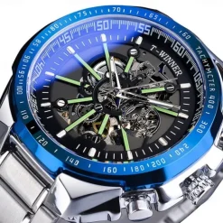 Winner Top Brand Automatic Mechanical Gold Watch Men Big Case Luxury Skeleton Luminous Military Business Blue Waterproof Watch