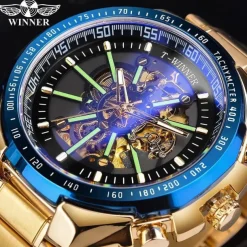 Winner Top Brand Automatic Mechanical Gold Watch Men Big Case Luxury Skeleton Luminous Military Business Blue Waterproof Watch