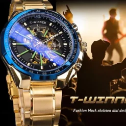 Winner Top Brand Automatic Mechanical Gold Watch Men Big Case Luxury Skeleton Luminous Military Business Blue Waterproof Watch
