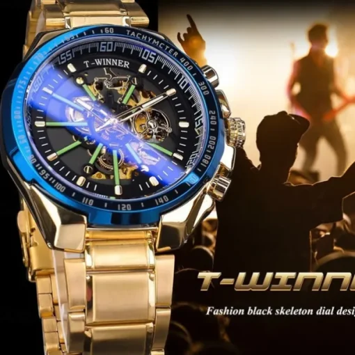 Winner Top Brand Automatic Mechanical Gold Watch Men Big Case Luxury Skeleton Luminous Military Business Blue Waterproof Watch