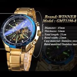 Winner Top Brand Automatic Mechanical Gold Watch Men Big Case Luxury Skeleton Luminous Military Business Blue Waterproof Watch