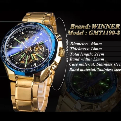 Winner Top Brand Automatic Mechanical Gold Watch Men Big Case Luxury Skeleton Luminous Military Business Blue Waterproof Watch