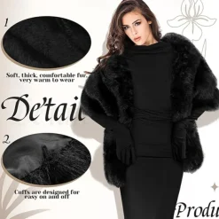 Winter Faux Fur Long Shawl Cloak Stretchy Satin Glove Opera Bridal Dance Gloves for Women Wedding Dress Party Coat