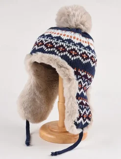 Winter Knitted Trapper Hat with Pom-Pom and Faux Fur Lining - Warm Ear Flap Beanie for Women