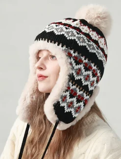 Winter Knitted Trapper Hat with Pom-Pom and Faux Fur Lining - Warm Ear Flap Beanie for Women