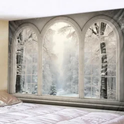 Winter Snow Window Hanging Tapestry Wall Art Large Tapestry Mural Decor Photograph Backdrop Blanket Curtain Home Bedroom Living Room Decoration