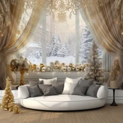 Winter Wonderland Snow Hanging Tapestry Wall Art Large Tapestry Mural Decor Photograph Backdrop Blanket Curtain Home Bedroom Living Room Decoration Window Golden Ornaments
