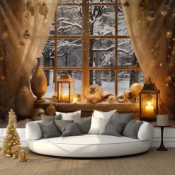 Winter Wonderland Snow Hanging Tapestry Wall Art Large Tapestry Mural Decor Photograph Backdrop Blanket Curtain Home Bedroom Living Room Decoration Window Golden Ornaments
