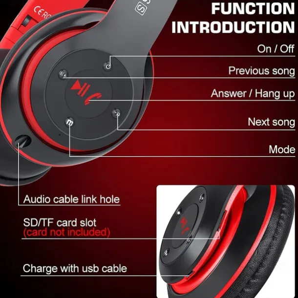 Wireless Bluetooth Headphones Deep Bass HIFI Earphone Portable Foldable Headset with Mic Support SD Card for Android/IOS