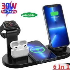 Wireless Charger Stand 6 in 1 QI Wireless Charging Station Dock for Iwatch iPhone Airpods Compatible with iPhone iPhone 14 13 12 11 Pro Max Mini X XS XR 8 7/Samsung S22/S21