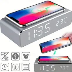 Wireless Charger Time Alarm Clock LED Digital Thermometer Earphone Phone Chargers Fast Charging Dock Station For IPhone 15 14 13 12 Samsung