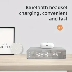 Wireless Charger Time Alarm Clock LED Digital Thermometer Earphone Phone Chargers Fast Charging Dock Station For IPhone 15 14 13 12 Samsung