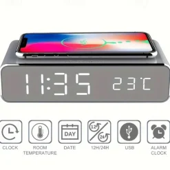 Wireless Charger Time Alarm Clock LED Digital Thermometer Earphone Phone Chargers Fast Charging Dock Station For IPhone 15 14 13 12 Samsung