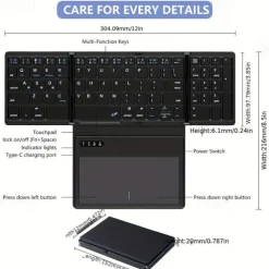 Wireless Rechargeable BT Keyboard With Touchpad & Numeric Keypad Perfect for Phone & Tablet