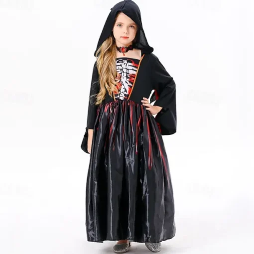 Witch Skeleton Skull Ghost Halloween Cape Cosplay Costume Hooded Cloak Walpurgis Night Scary Costume Kid's Girls' Carnival Masquerade Performance Halloween Masquerade Easy Halloween Costumes Dress Up