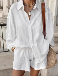 Women 100% Cotton Elegant Vacation Vintage Shorts Sets Long Sleeve Shirt Collar Plain Vacation Casual Daily White Summer