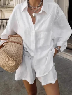 Women 100% Cotton Elegant Vacation Vintage Shorts Sets Long Sleeve Shirt Collar Plain Vacation Casual Daily White Summer