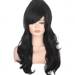 Women Black Beehive Wig Long Curly Wavy Bouffant Heat Resistant Synthetic Hair wigs for Womens Vintage Costume Cosplay Carnival Party Halloween Wigs