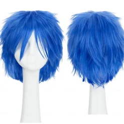 Women Mens Male Short Fluffy Straight Hair Wigs Anime Cosplay Party Costume Dress Synthetic Spiky Wig Dark Blue Halloween Wigs