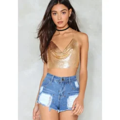 Women Metal Sequin Sparkle Glitter Tank Deep V Neck Spaghetti Strap Backless Chain Halter Crop Tops Party Blouse 1980s Disco Carnival Party Evening Club