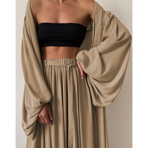 Women Sexy Boho Shirt Cotton Linen Sets Two Piece Sets Long Sleeve Puff Sleeve Plain Going out Beach Black White Camel Fall & Winter Loose Fit