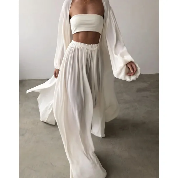 Women Sexy Boho Shirt Cotton Linen Sets Two Piece Sets Long Sleeve Puff Sleeve Plain Going out Beach Black White Camel Fall & Winter Loose Fit